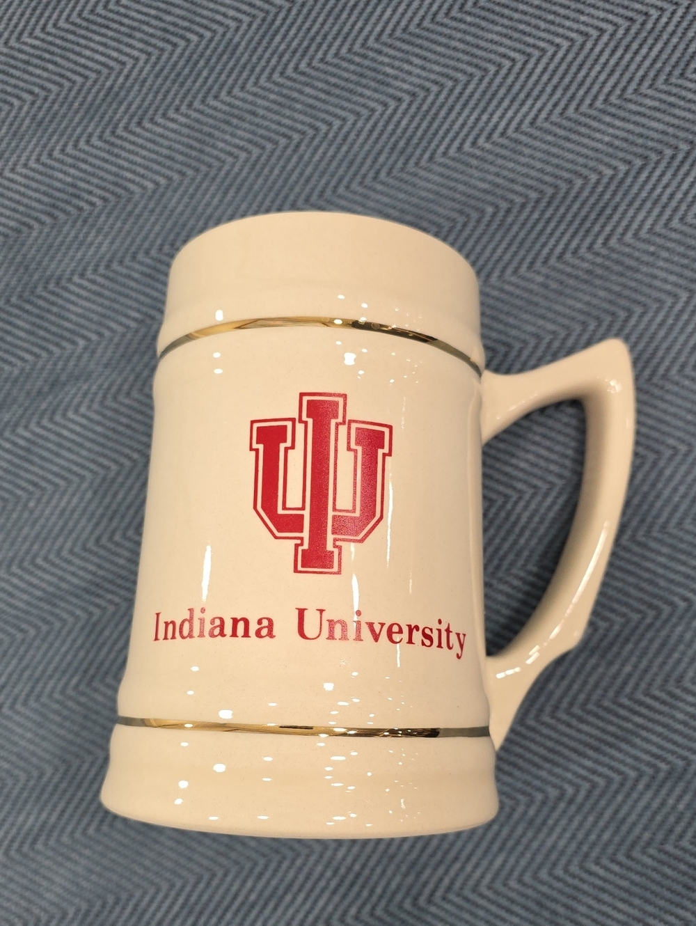 Cream Indiana University Ceramic Beer Stein with Red IU Logo And Gold Accents